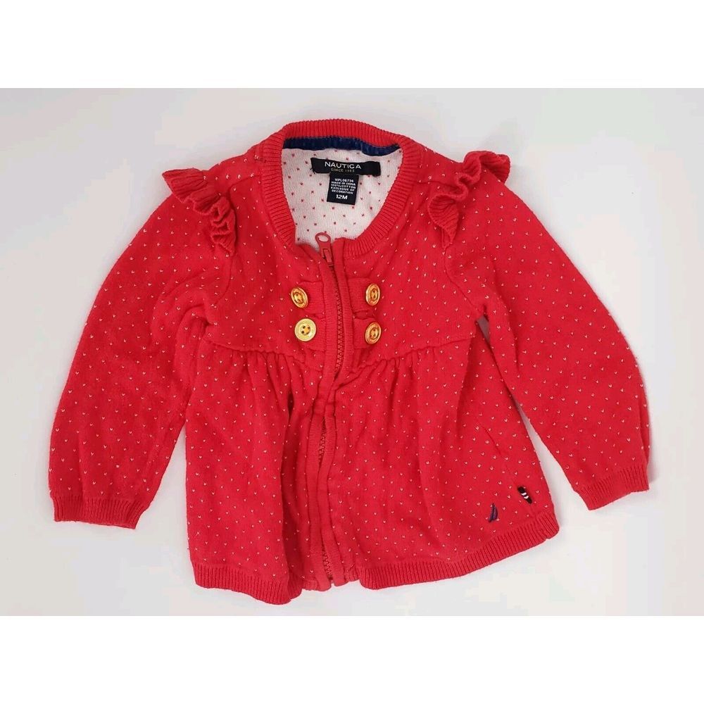 Nautica 12M Girls Red Polka Dot Full Zip Dress Top Ruffle Long Sleeve Gold Accen